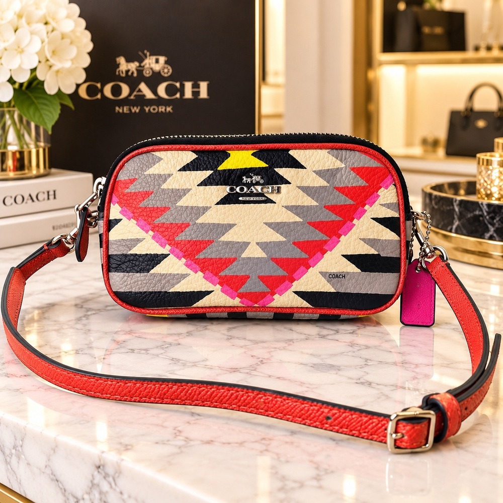 Coach Aztec Mini Crossbody Bag Multi Color Geometric Pebble Leather 53198
